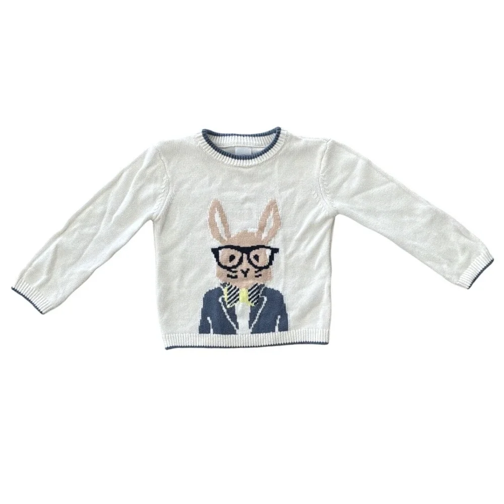 wonder nation White Kids Sweater with Bunny Graphic and Navy Trim